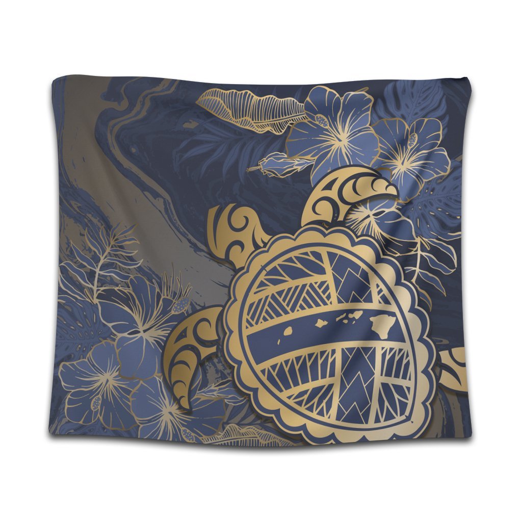 Hawaii Turtle Hibiscus Gold Tapestry - Kyn Style - AH Wall Tapestry Black - Polynesian Pride