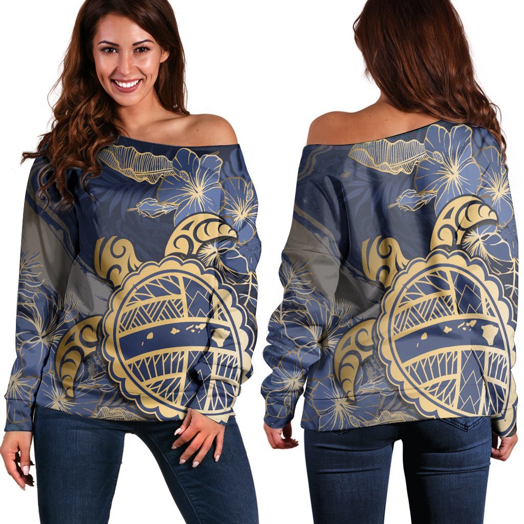 Hawaii Turtle Hibiscus Gold Women's Off Shoulder Sweater - Kyn Style - AH Black - Polynesian Pride