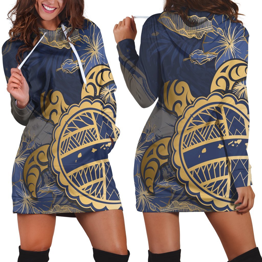 Hawaii Turtle Hibiscus Gold Hoodie Dress - Kyn Style - AH Black - Polynesian Pride