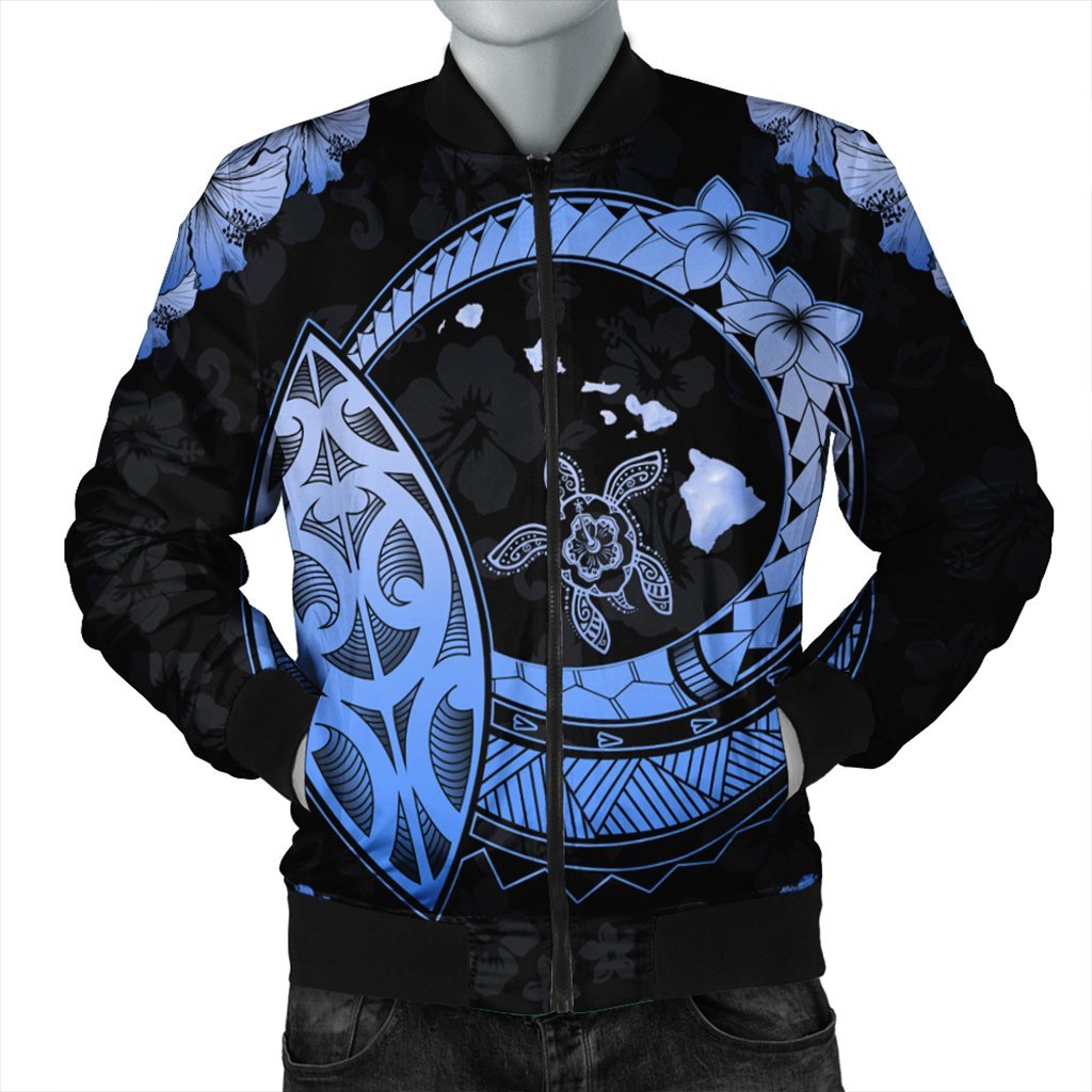 Hawaii Turtle Hibiscus Map Polynesian Bomber Jacket Blue - AH Black Unisex - Polynesian Pride