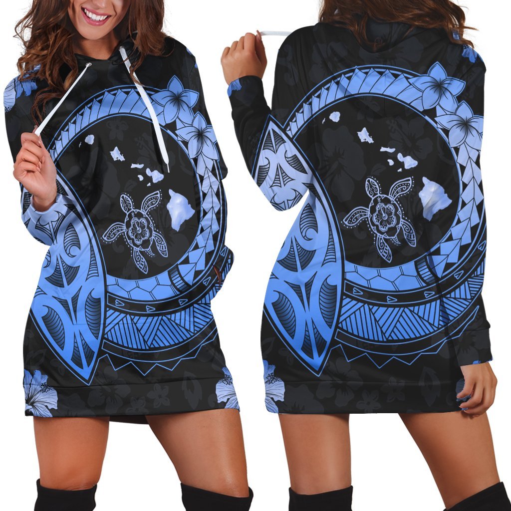 Hawaii Turtle Hibiscus Map Polynesian Hoodie Dress Blue - AH Black - Polynesian Pride