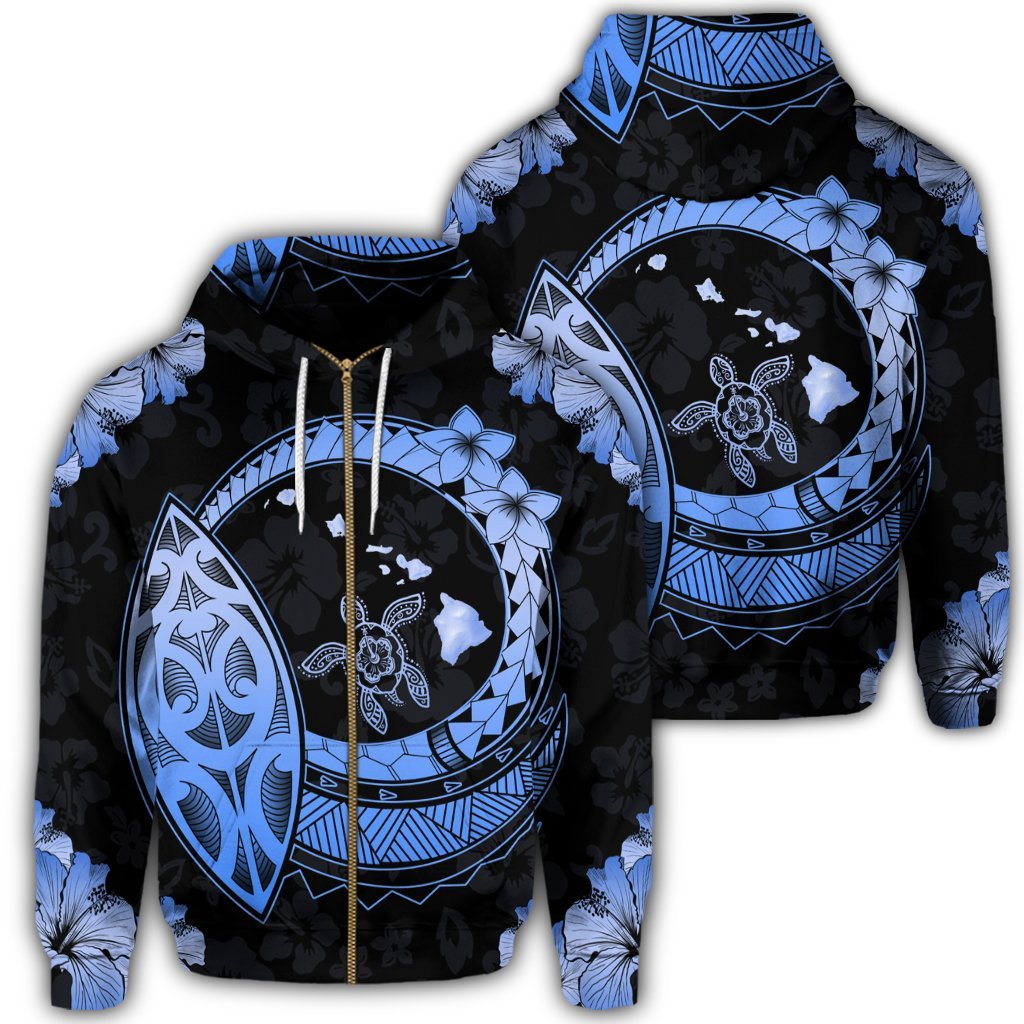 Hawaii Turtle Hibiscus Map Polynesian Zip Hoodie Blue Unisex Art - Polynesian Pride