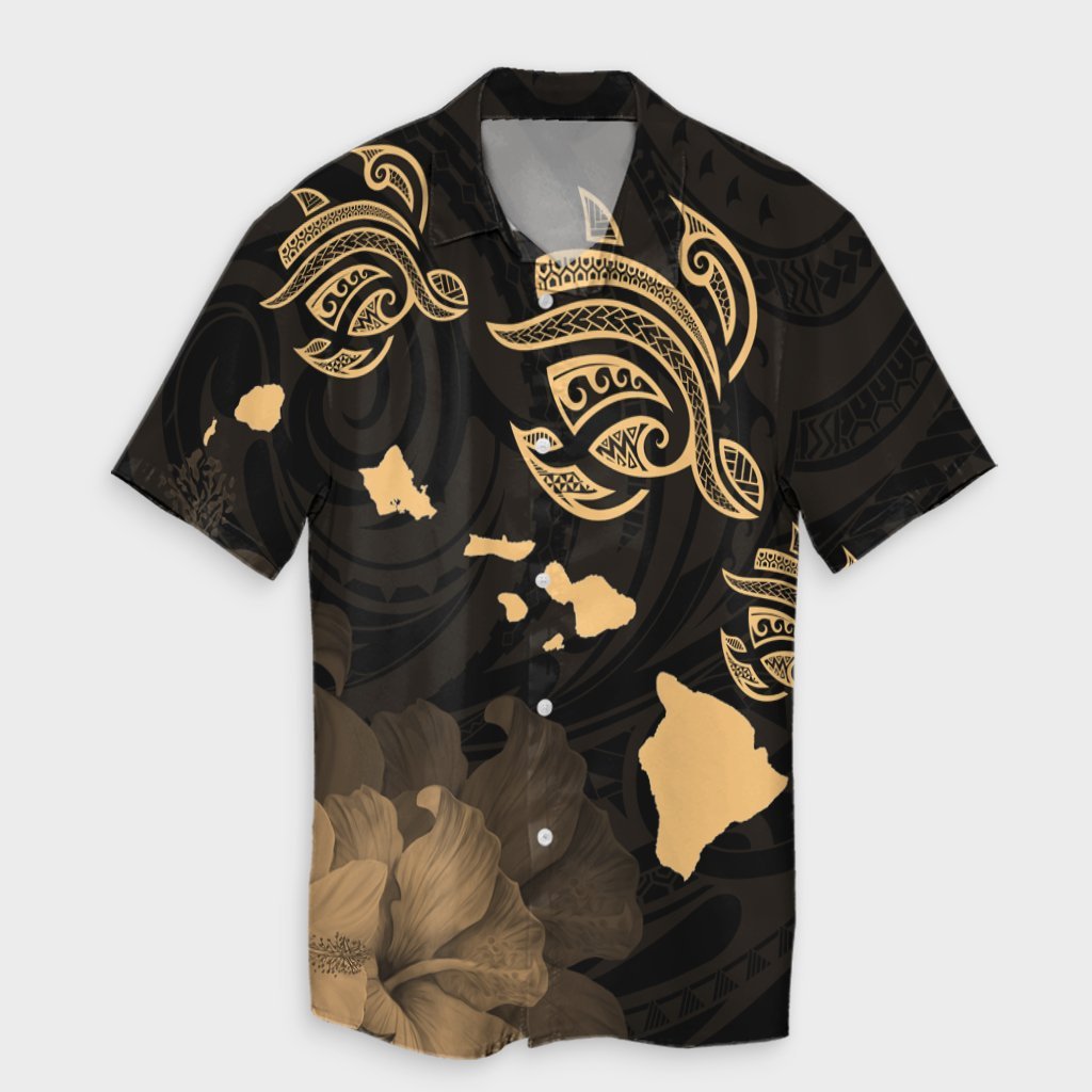 Hawaii Turtle Hibiscus Map Polynesian Hawaiian Shirt Gold - AH Unisex Black - Polynesian Pride