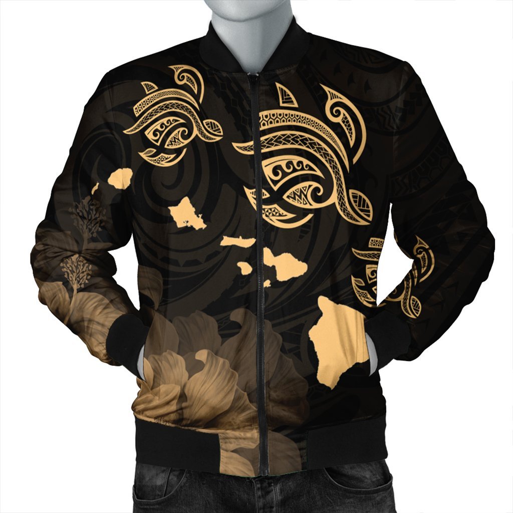 Hawaii Turtle Hibiscus Map Polynesian Bomber Jacket Gold - AH Black Unisex - Polynesian Pride