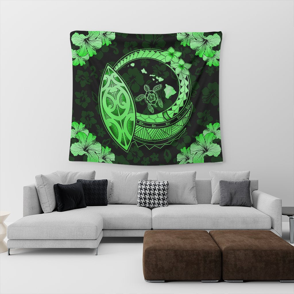 Hawaii Turtle Hibiscus Map Polynesian Tapestry Green - AH - Polynesian Pride