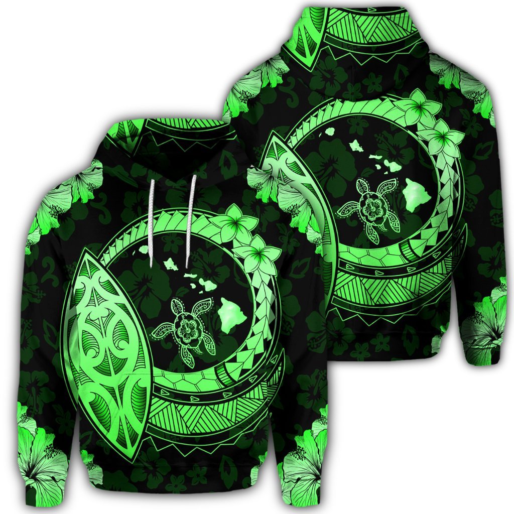 Hawaiian Turtle Hibiscus Map Polynesian Hoodie Green Unisex Art - Polynesian Pride