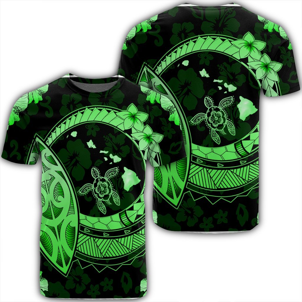 Hawaii Turtle Hibiscus Map Polynesian T Shirt Green Unisex Black - Polynesian Pride