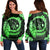 Hawaii Turtle Hibiscus Map Polynesian Women's Off Shoulder Sweater Green - AH Black - Polynesian Pride