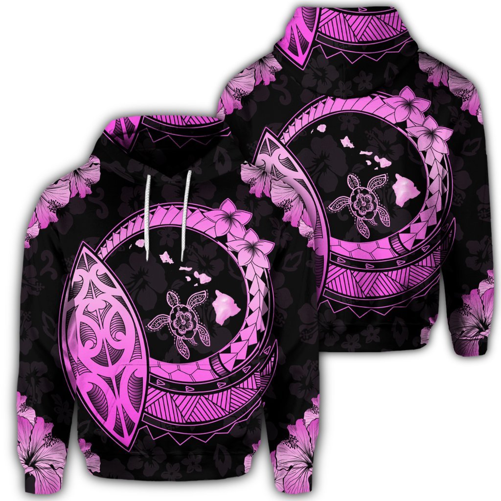 Hawaiian Turtle Hibiscus Map Polynesian Hoodie Pink Unisex Art - Polynesian Pride