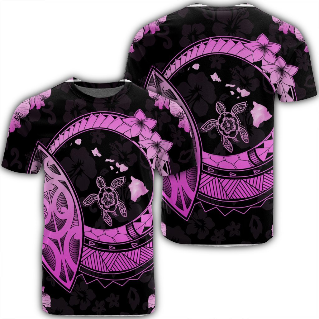 Hawaii Turtle Hibiscus Map Polynesian T Shirt Pink Unisex Black - Polynesian Pride