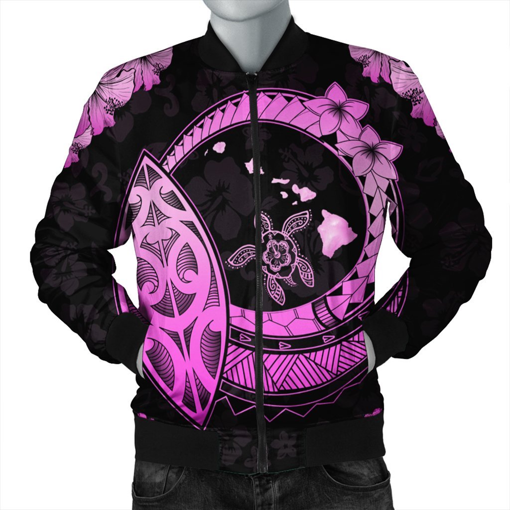 Hawaii Turtle Hibiscus Map Polynesian Bomber Jacket Pink - AH Black Unisex - Polynesian Pride