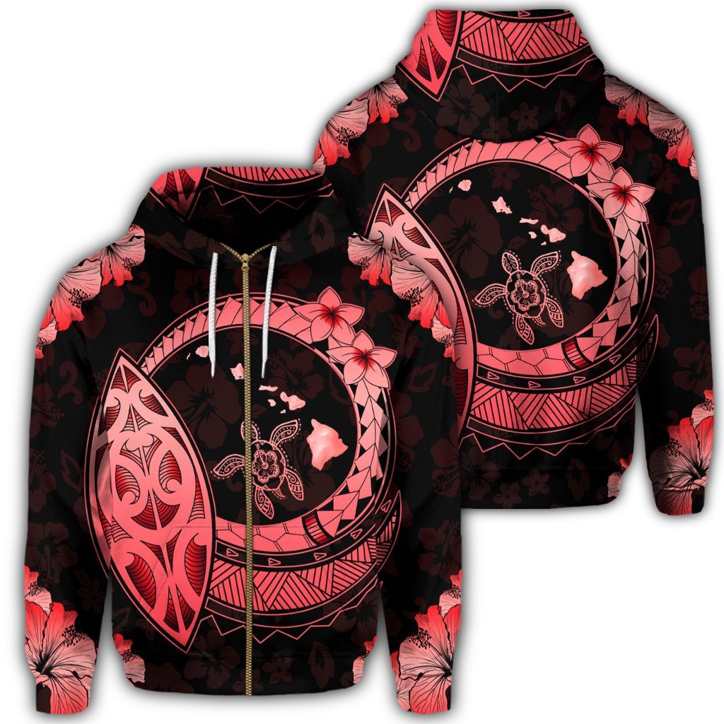 Hawaii Turtle Hibiscus Map Polynesian Zip Hoodie Red Unisex Art - Polynesian Pride