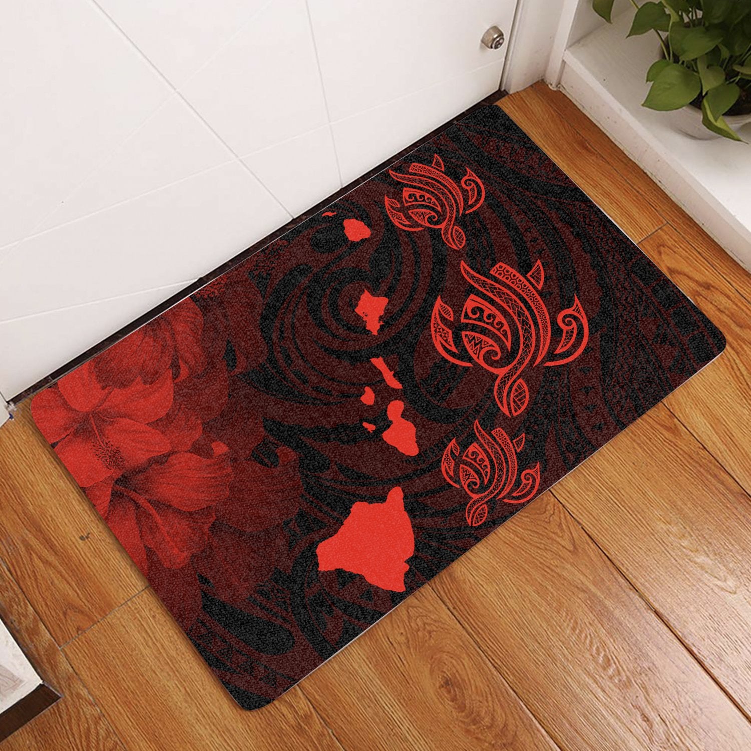 Hawaii Turtle Hibiscus Map Polynesian Red AH Door Mat Red - Polynesian Pride