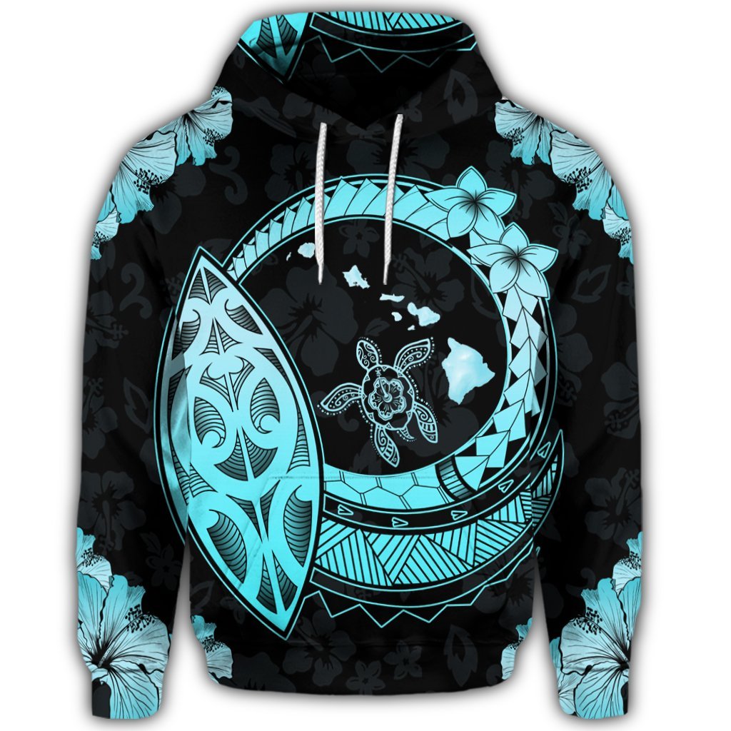 Hawaiian Turtle Hibiscus Map Polynesian Hoodie Turquoise - Polynesian Pride