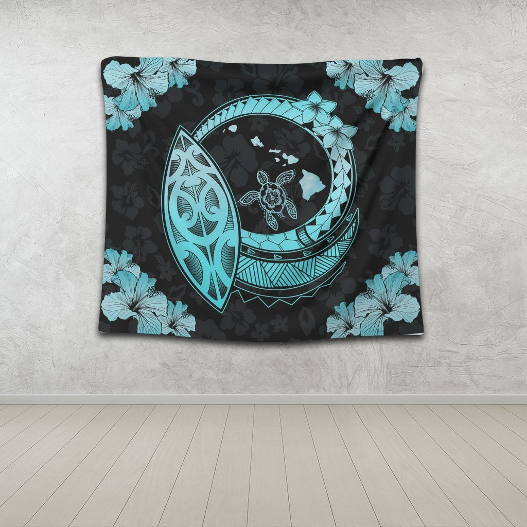 Hawaii Turtle Hibiscus Map Polynesian Tapestry Turquoise - AH - Polynesian Pride