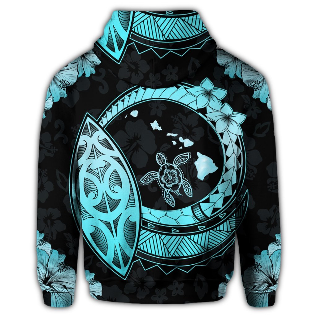 Hawaiian Turtle Hibiscus Map Polynesian Hoodie Turquoise - Polynesian Pride