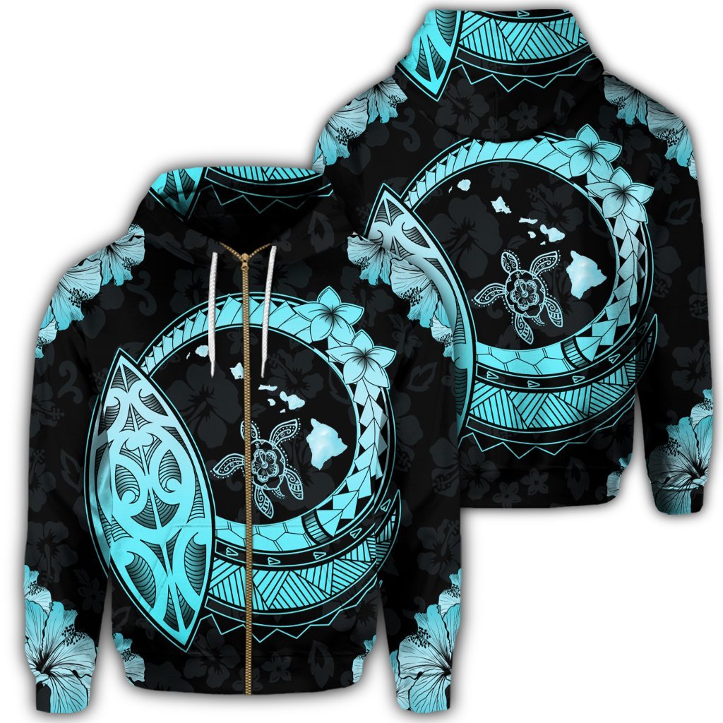 Hawaii Turtle Hibiscus Map Polynesian Zip Hoodie Turquoise Unisex Art - Polynesian Pride