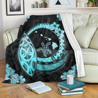 Hawaii Turtle Hibiscus Map Polynesian Premium Blankets Turquoise - AH White - Polynesian Pride