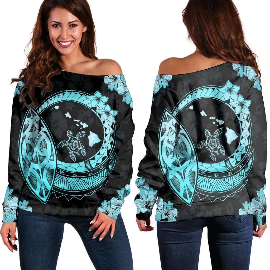 Hawaii Turtle Hibiscus Map Polynesian Women's Off Shoulder Sweater Turquoise - AH Black - Polynesian Pride