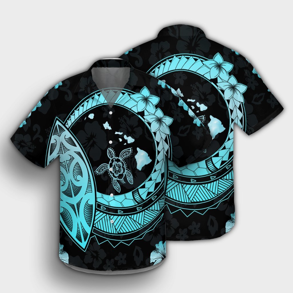 Hawaii Turtle Hibiscus Map Polynesian Hawaiian Shirt Turquoise - AH - Polynesian Pride