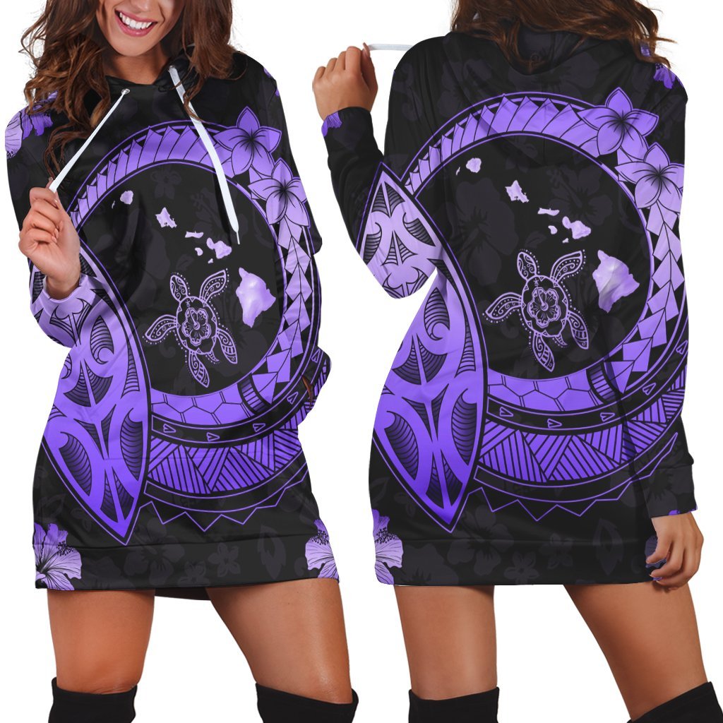 Hawaii Turtle Hibiscus Map Polynesian Hoodie Dress Violet - AH Black - Polynesian Pride