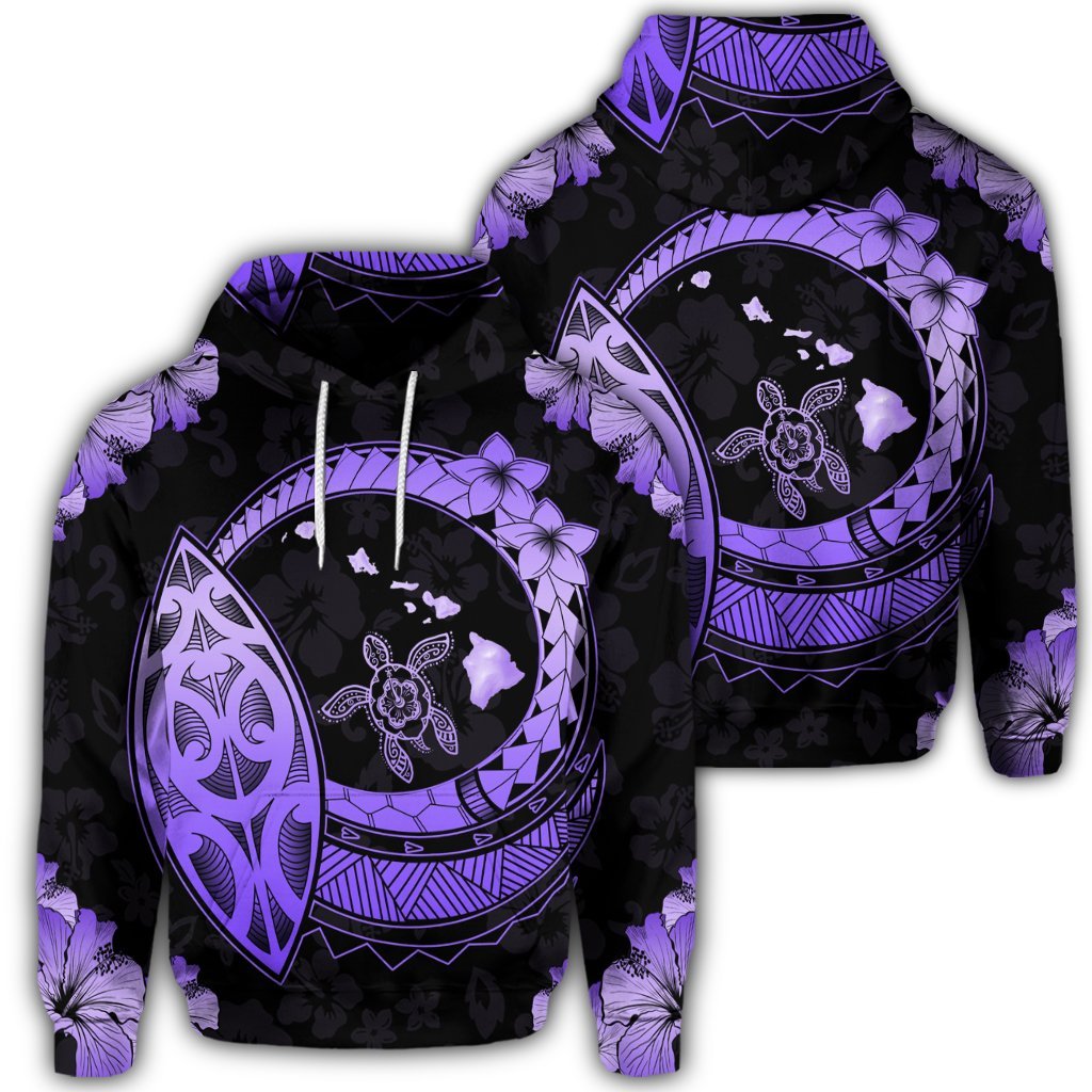 Hawaiian Turtle Hibiscus Map Polynesian Hoodie Violet Unisex Art - Polynesian Pride