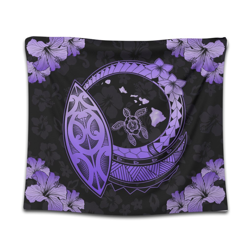 Hawaii Turtle Hibiscus Map Polynesian Tapestry Violet - AH Wall Tapestry Black - Polynesian Pride