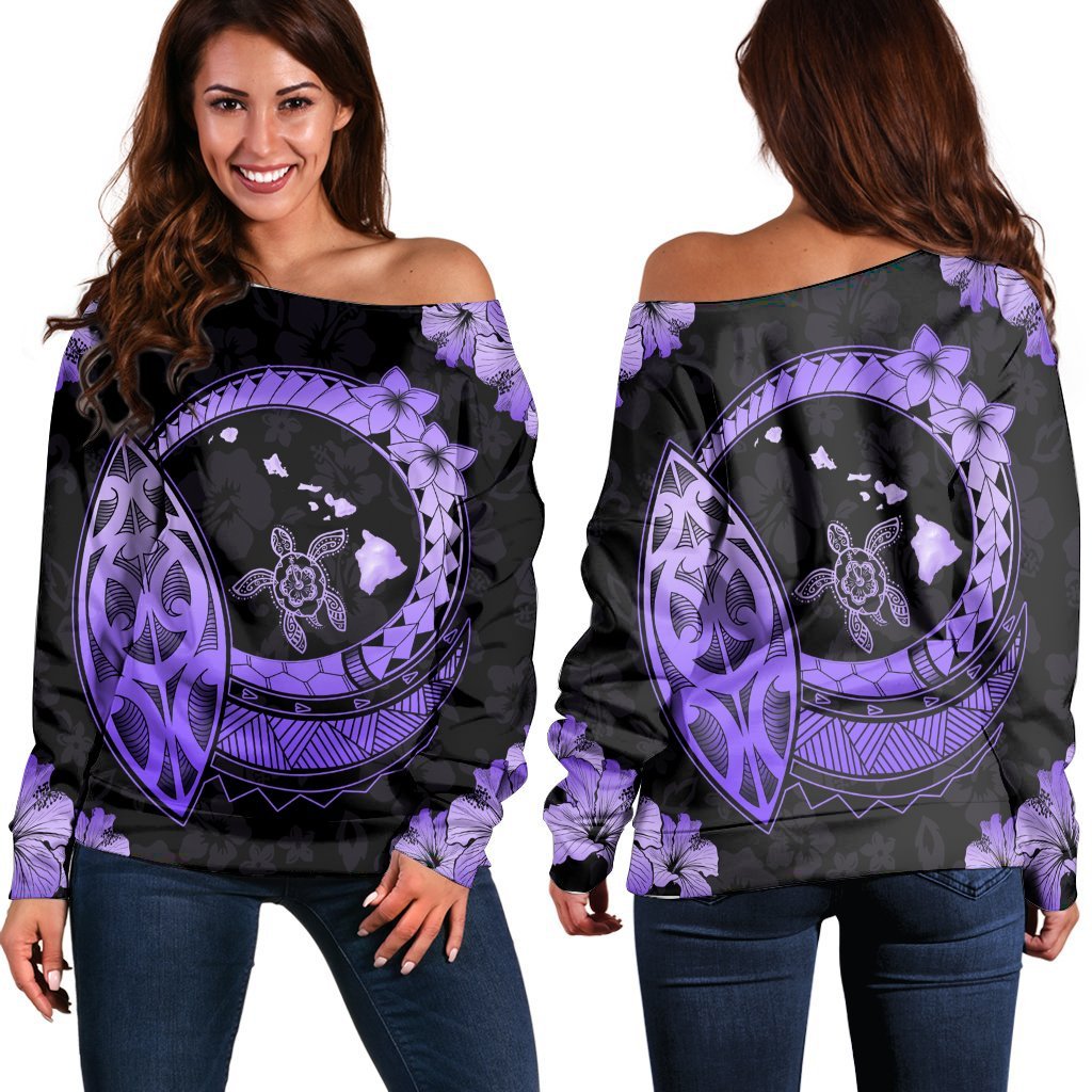 Hawaii Turtle Hibiscus Map Polynesian Women's Off Shoulder Sweater Violet - AH Black - Polynesian Pride