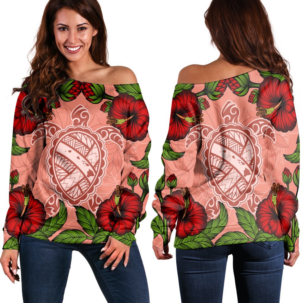 Hawaii Turtle Hibiscus Pink Women's Off Shoulder Sweater - Fide Style - AH Black - Polynesian Pride