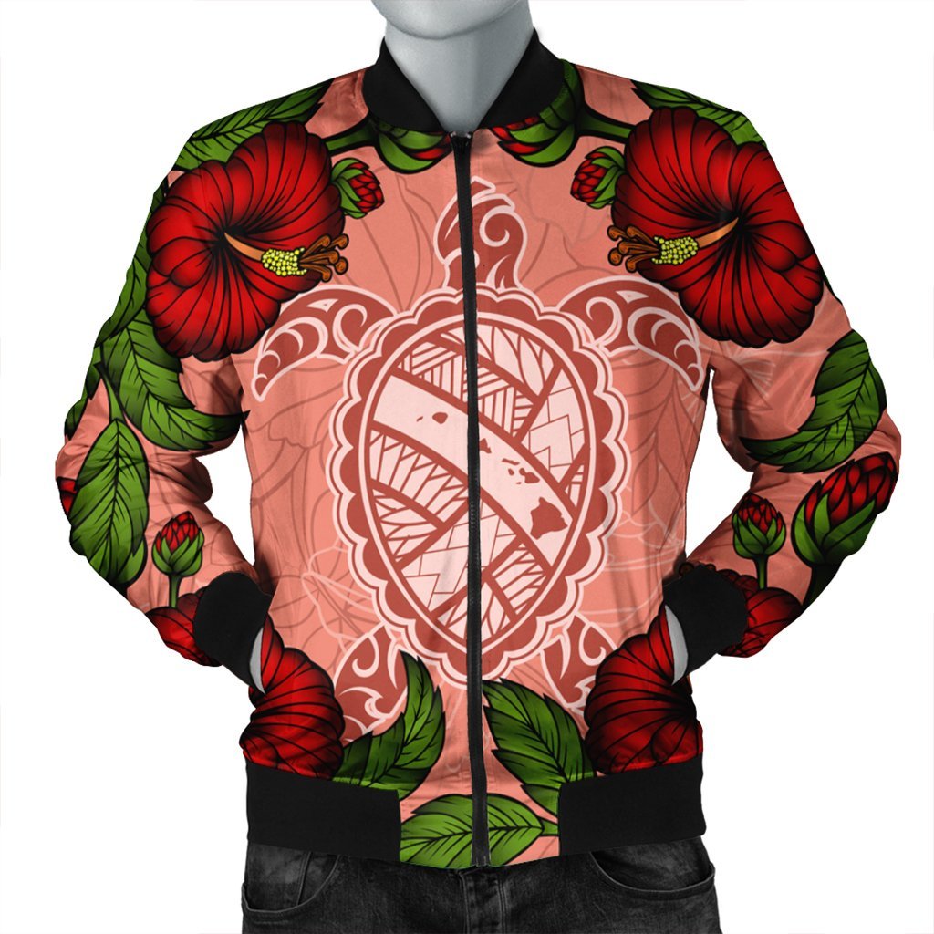 Hawaii Turtle Hibiscus Pink Bomber Jacket - Fide Style - AH Black Unisex - Polynesian Pride