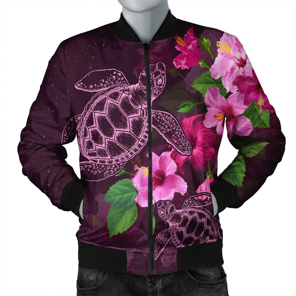 Hawaii Turtle Hibiscus Pink Simple Bomber Jacket - AH Black Unisex - Polynesian Pride