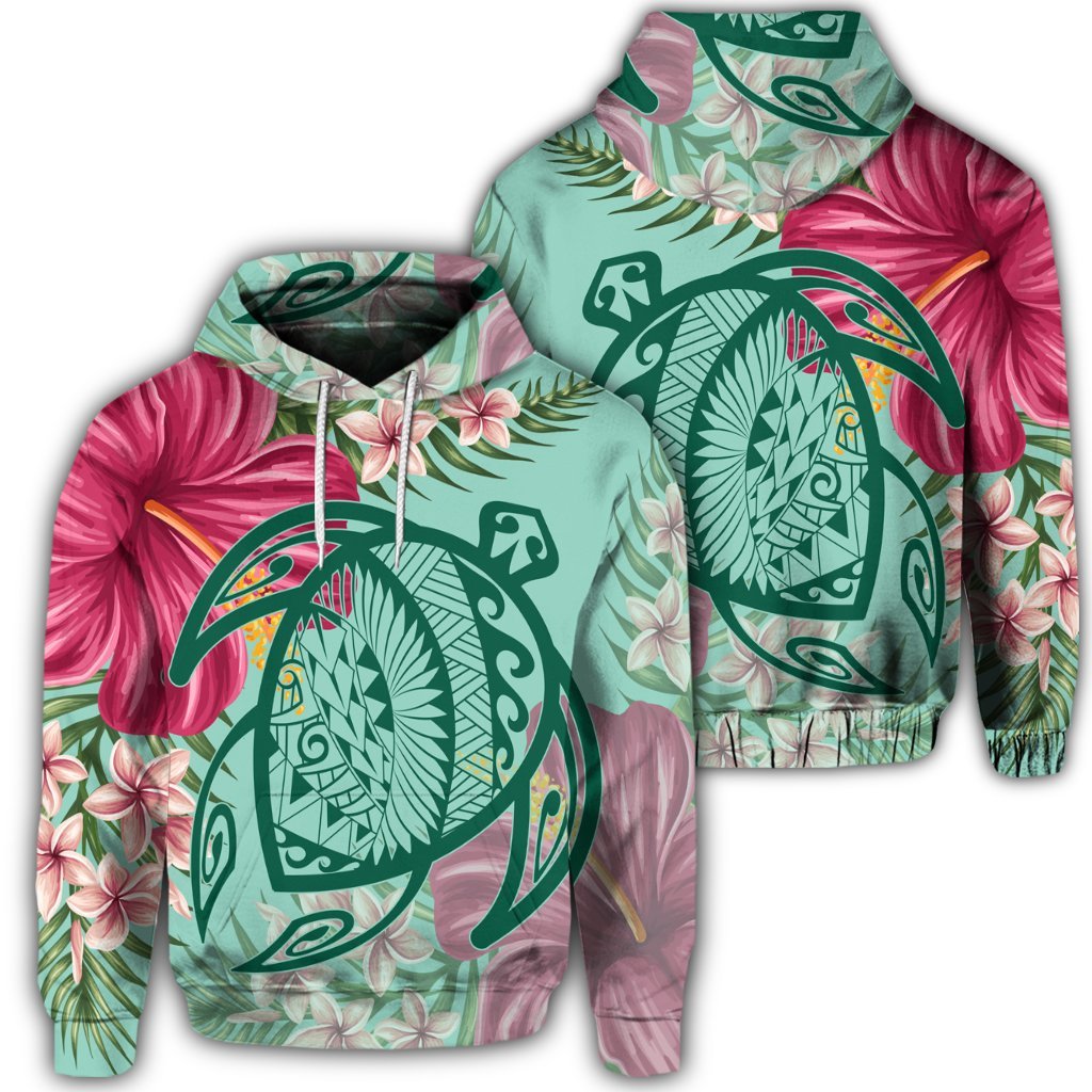 Hawaiian Turtle Hibiscus Plumeria Hoodie Hug Style Unisex Art - Polynesian Pride