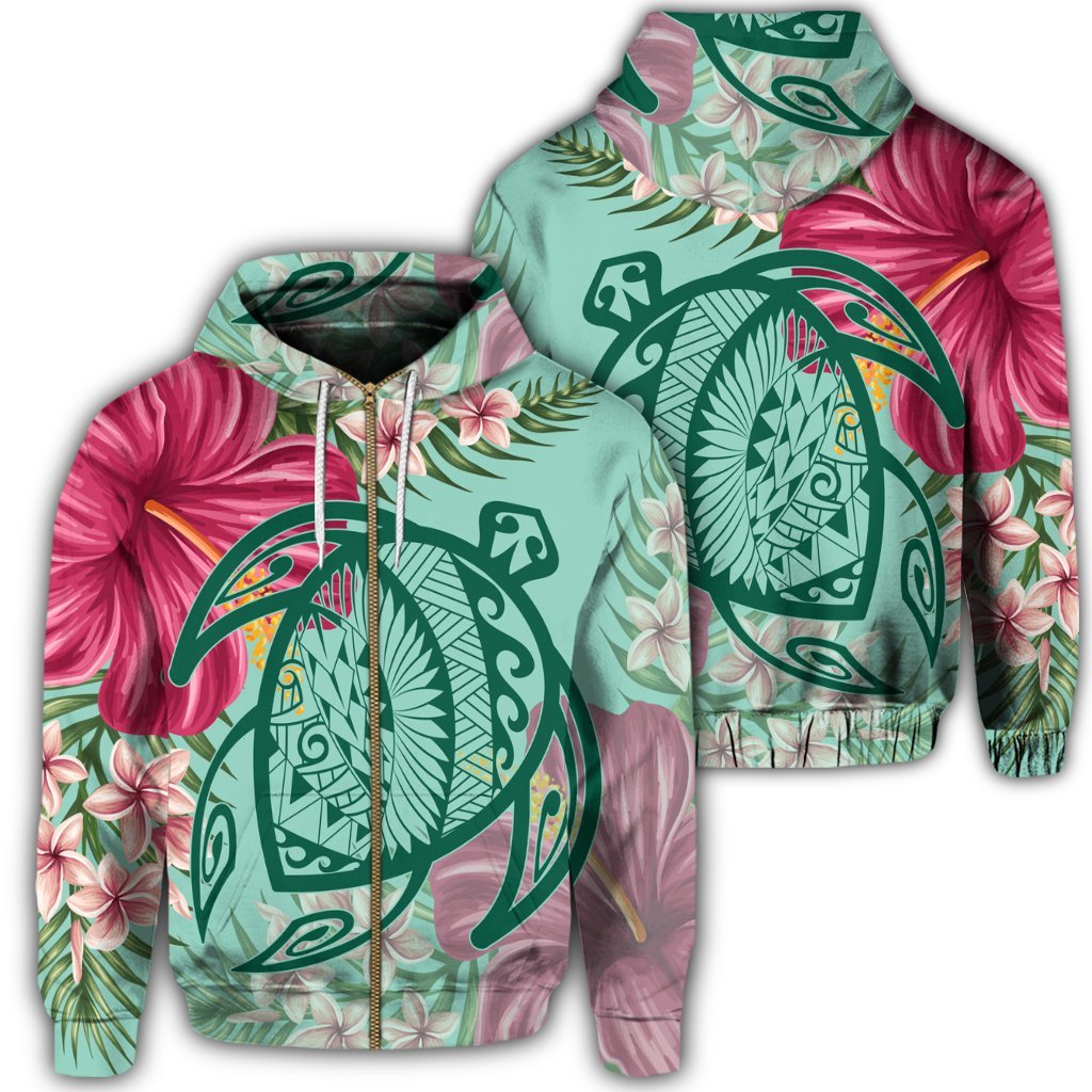 Hawaii Turtle Hibiscus Plumeria Zip Hoodie Hug Style Unisex Art - Polynesian Pride