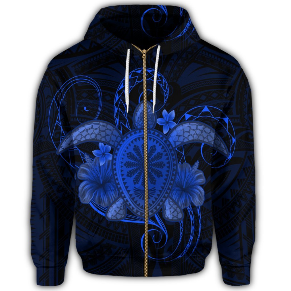 Hawaii Turtle Hibiscus Polynesian Zip Hoodie Full Style Blue - Polynesian Pride