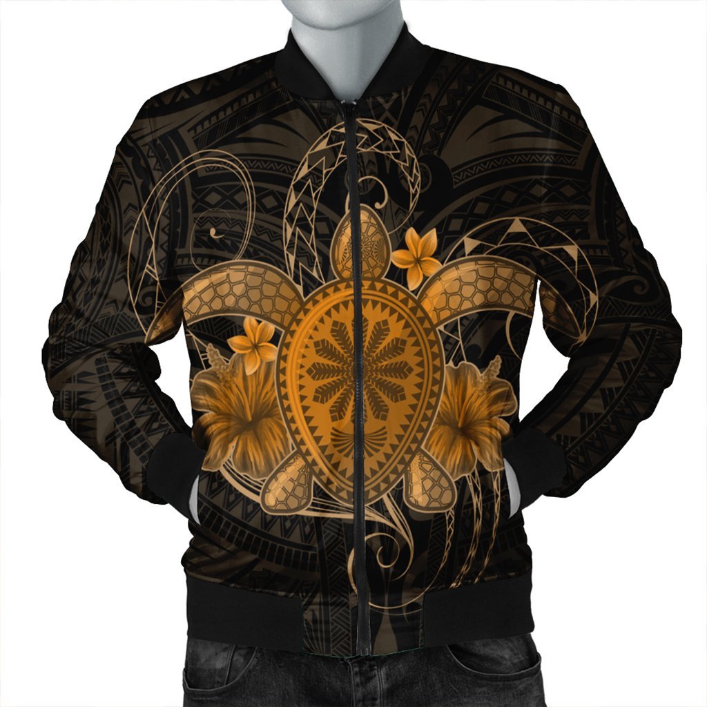 Hawaii Turtle Hibiscus Polynesian Bomber Jacket - Full Style - Gold - AH Black Unisex - Polynesian Pride