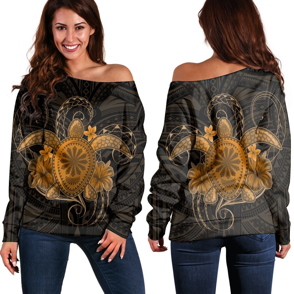 Hawaii Turtle Hibiscus Polynesian Women's Off Shoulder Sweater - Full Style - Gold - AH Black - Polynesian Pride