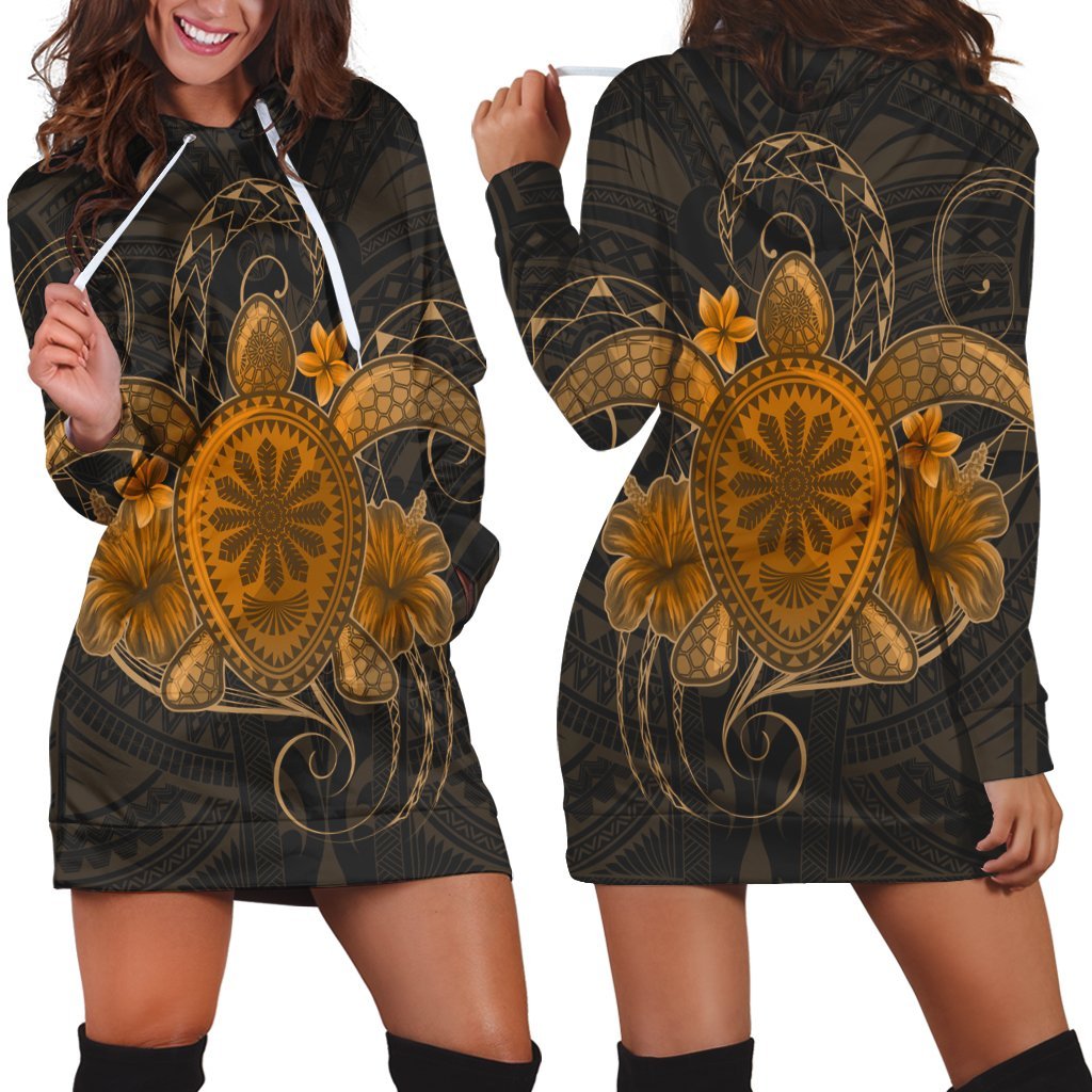 Hawaii Turtle Hibiscus Polynesian Hoodie Dress - Full Style - Gold - AH Black - Polynesian Pride