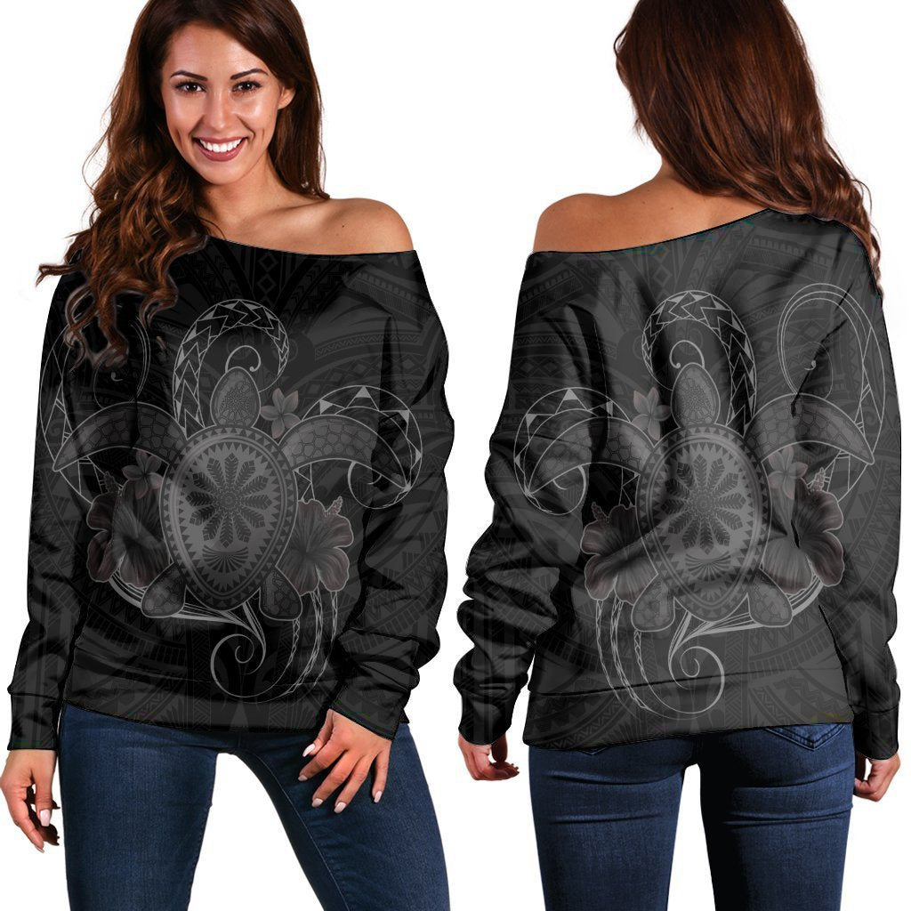 Hawaii Turtle Hibiscus Polynesian Women's Off Shoulder Sweater - Full Style - Gray - AH Black - Polynesian Pride