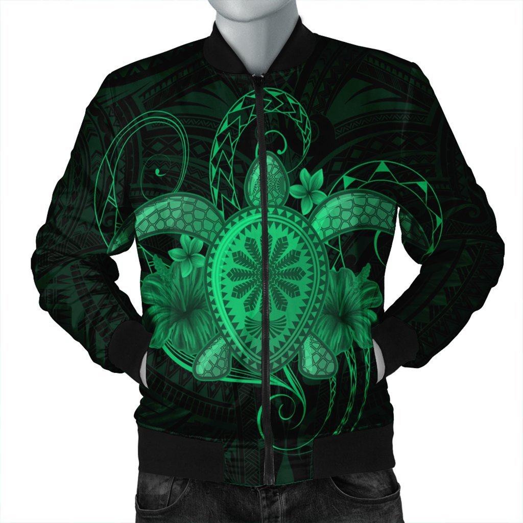 Hawaii Turtle Hibiscus Polynesian Bomber Jacket - Full Style - Green - AH Black Unisex - Polynesian Pride