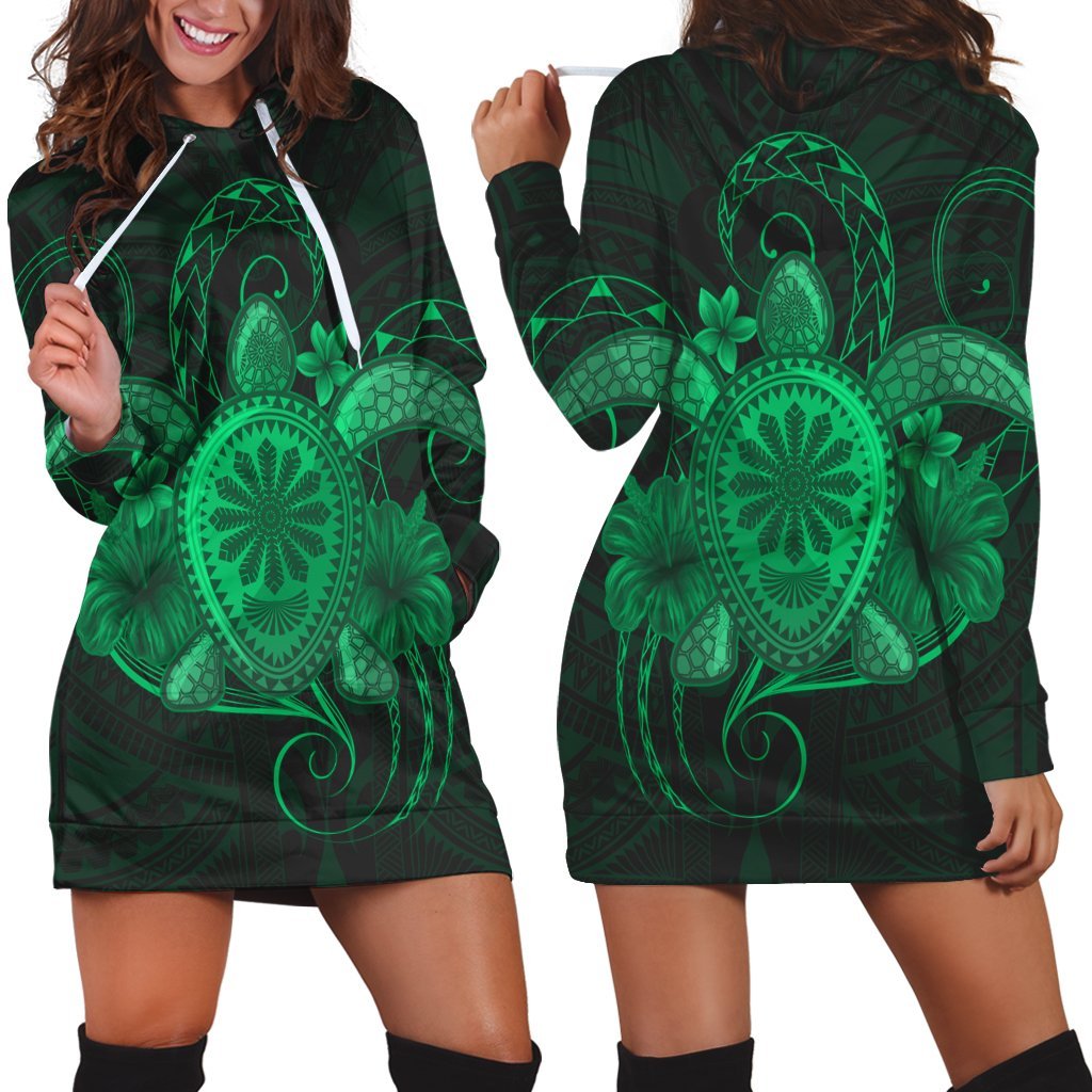 Hawaii Turtle Hibiscus Polynesian Hoodie Dress - Full Style - Green - AH Black - Polynesian Pride