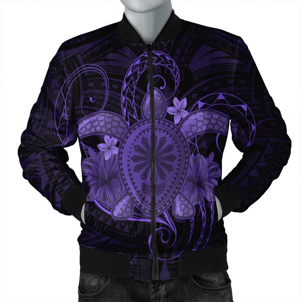 Hawaii Turtle Hibiscus Polynesian Bomber Jacket - Full Style - Purple - AH Black Unisex - Polynesian Pride