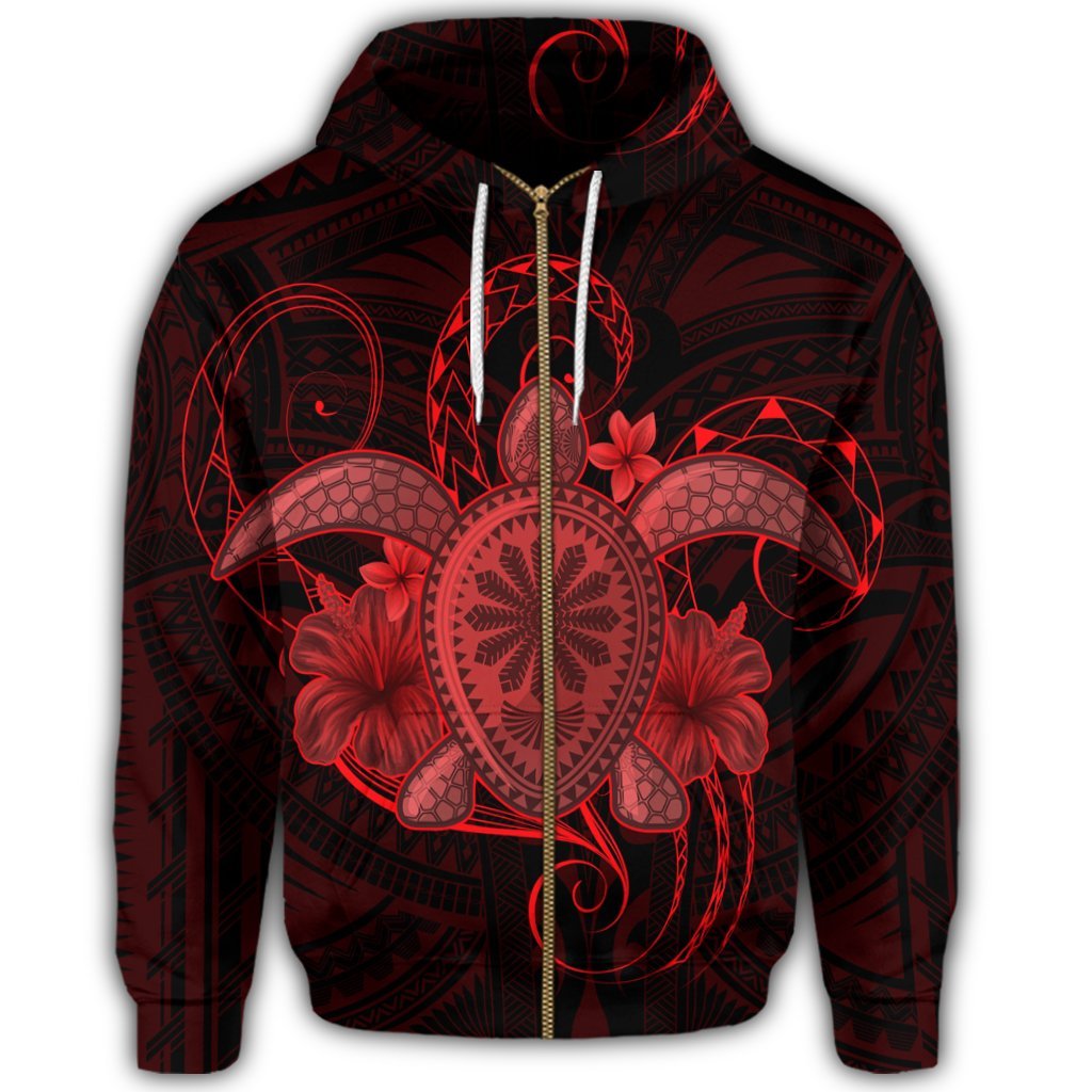 Hawaii Turtle Hibiscus Polynesian Zip Hoodie Full Style Red - Polynesian Pride