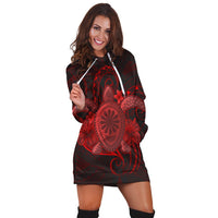 Hawaii Turtle Hibiscus Polynesian Hoodie Dress - Full Style - Red - AH - Polynesian Pride