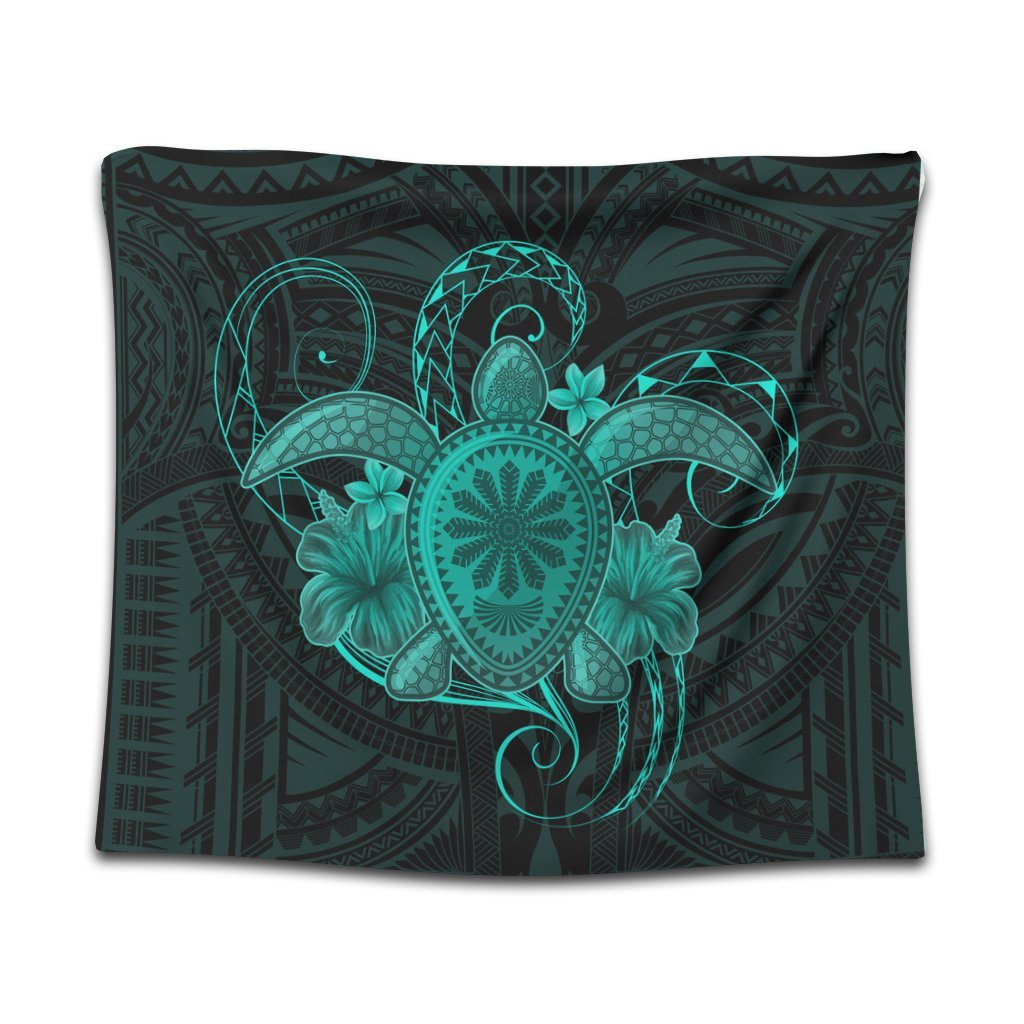 Hawaii Turtle Hibiscus Polynesian Tapestry - Full Style - Turquoise - AH Wall Tapestry Black - Polynesian Pride
