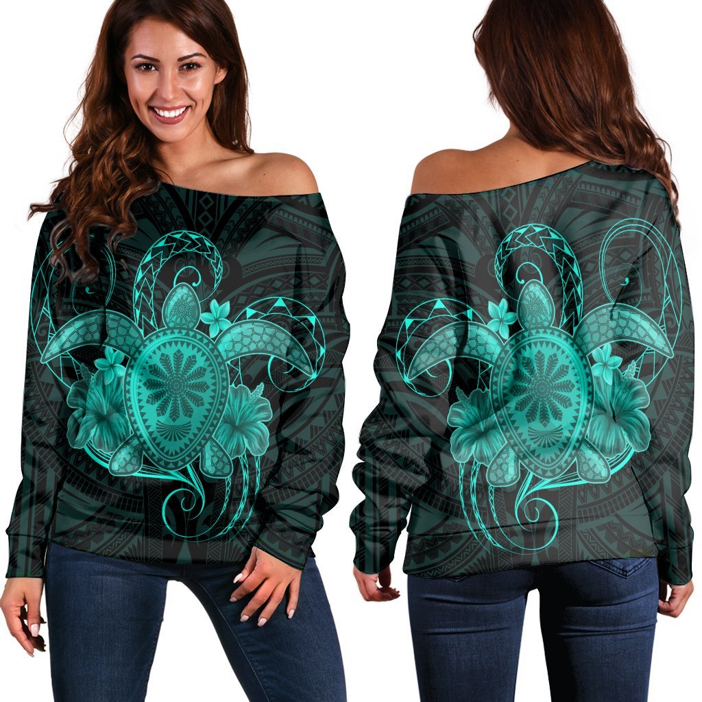 Hawaii Turtle Hibiscus Polynesian Women's Off Shoulder Sweater - Full Style - Turquoise - AH Black - Polynesian Pride