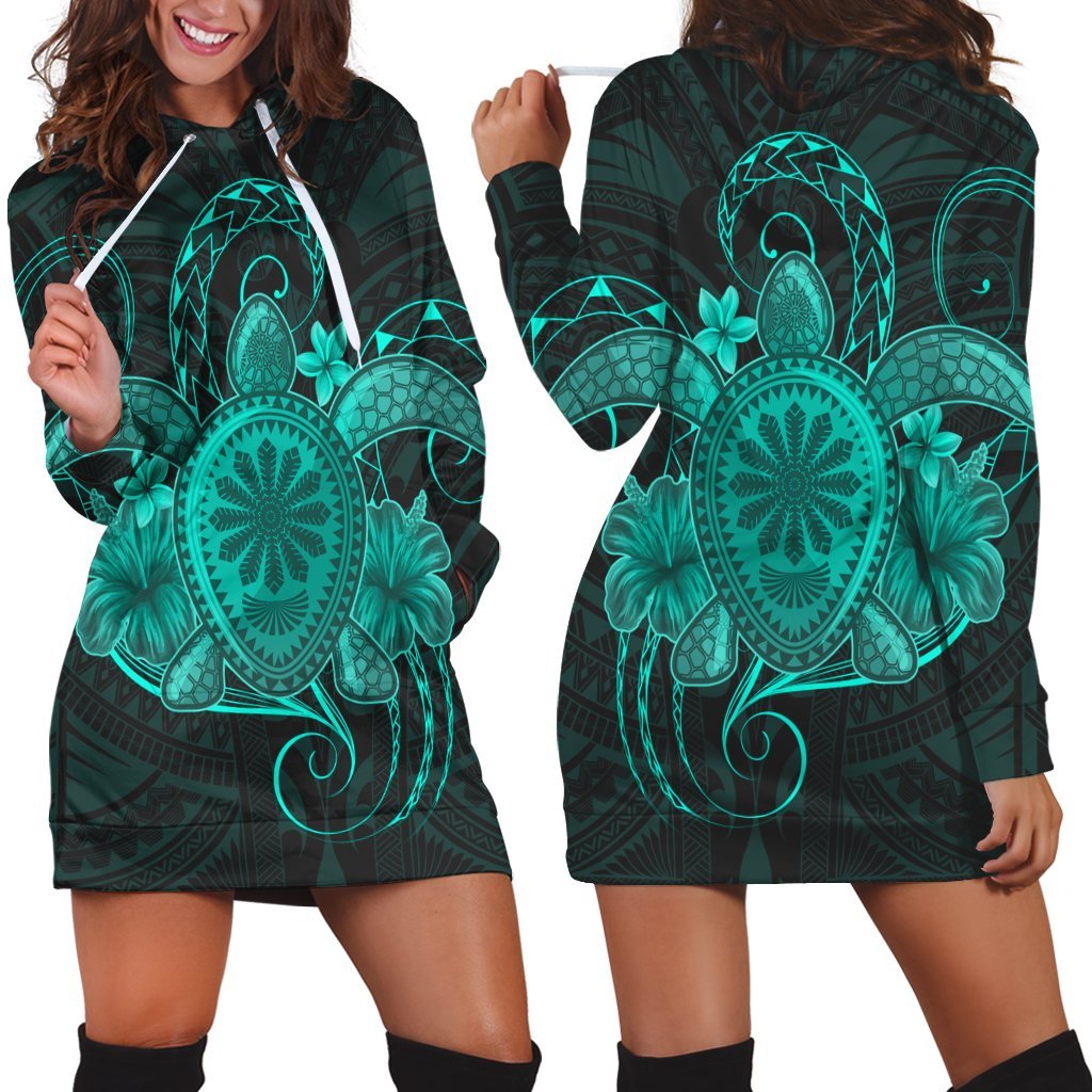 Hawaii Turtle Hibiscus Polynesian Hoodie Dress - Full Style - Turquoise - AH Black - Polynesian Pride