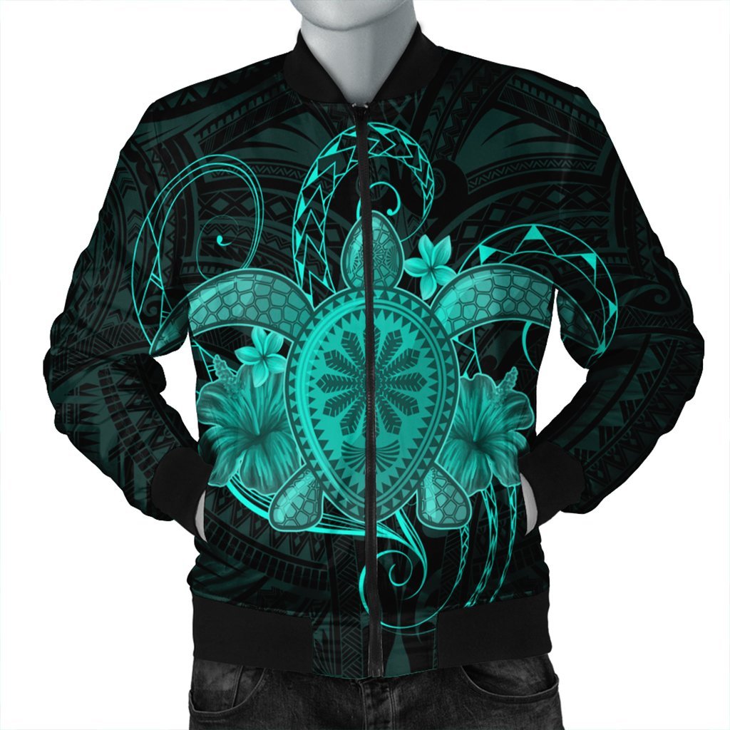 Hawaii Turtle Hibiscus Polynesian Bomber Jacket - Full Style - Turquoise - AH Black Unisex - Polynesian Pride