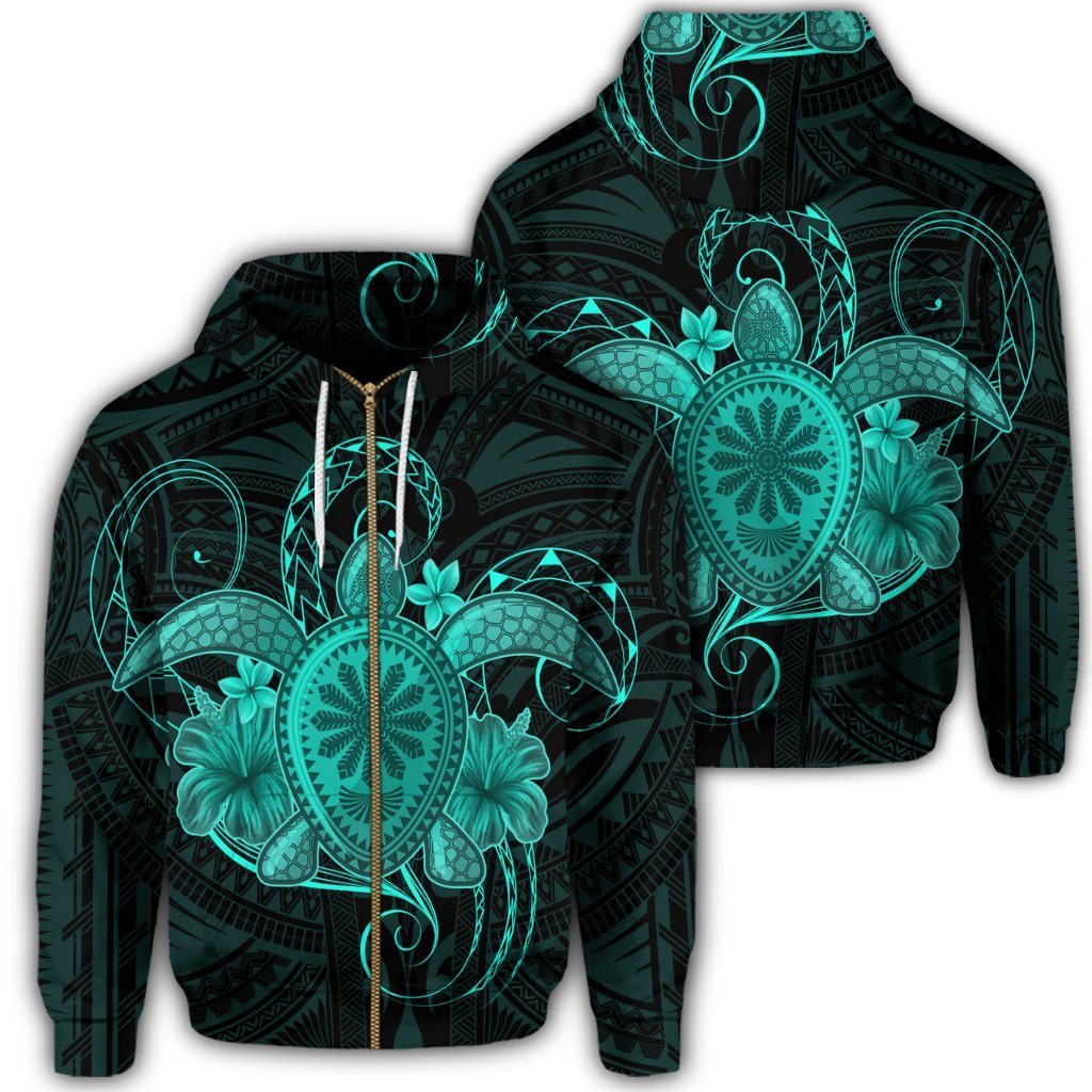 Hawaii Turtle Hibiscus Polynesian Zip Hoodie Full Style Turquoise Unisex Art - Polynesian Pride