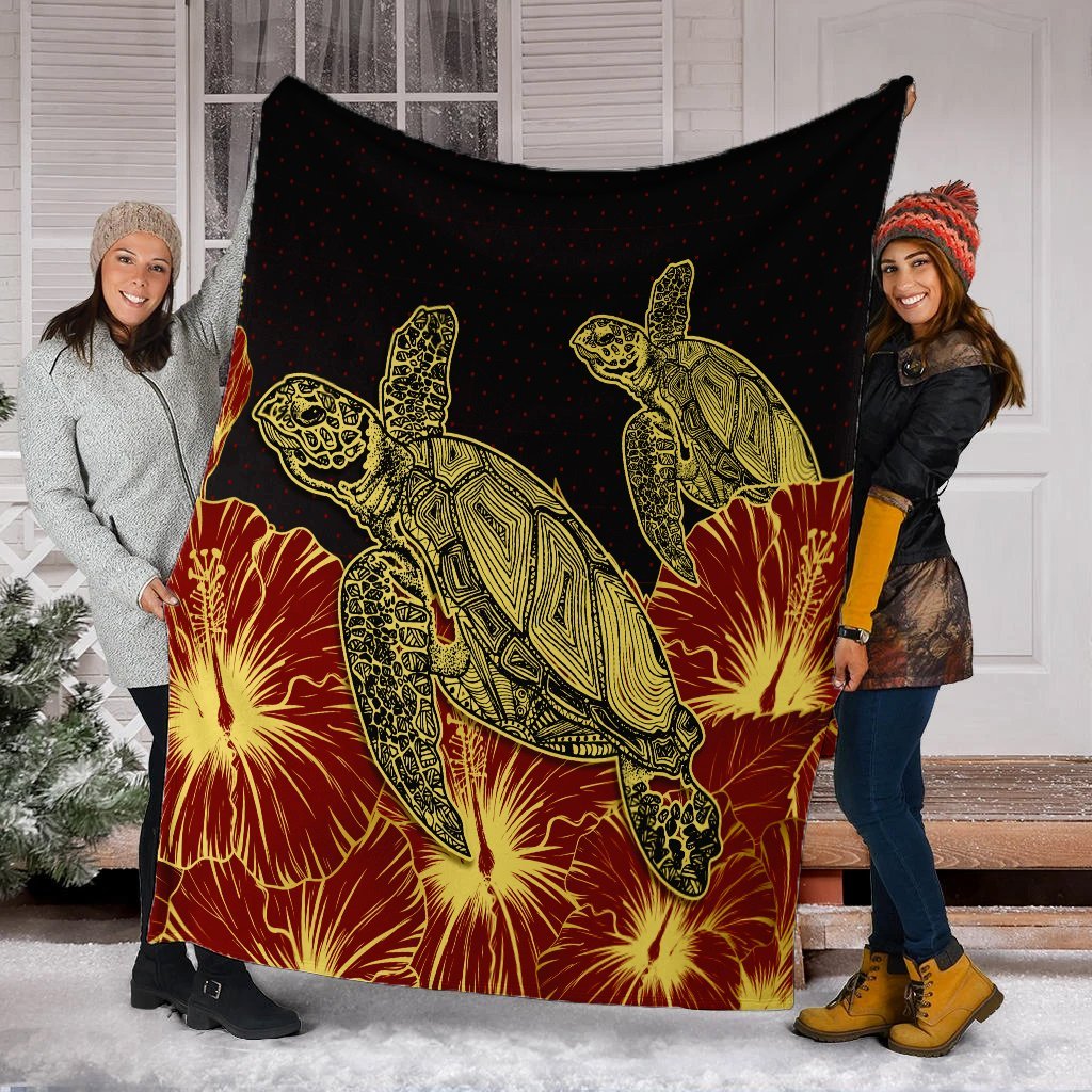 Hawaii Turtle Hibiscus Red Premium Blankets - AH - Polynesian Pride
