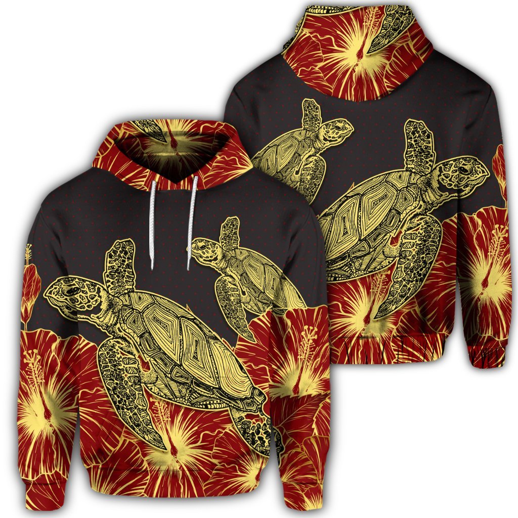 Hawaiian Turtle Hibiscus Red Hoodie Unisex Art - Polynesian Pride